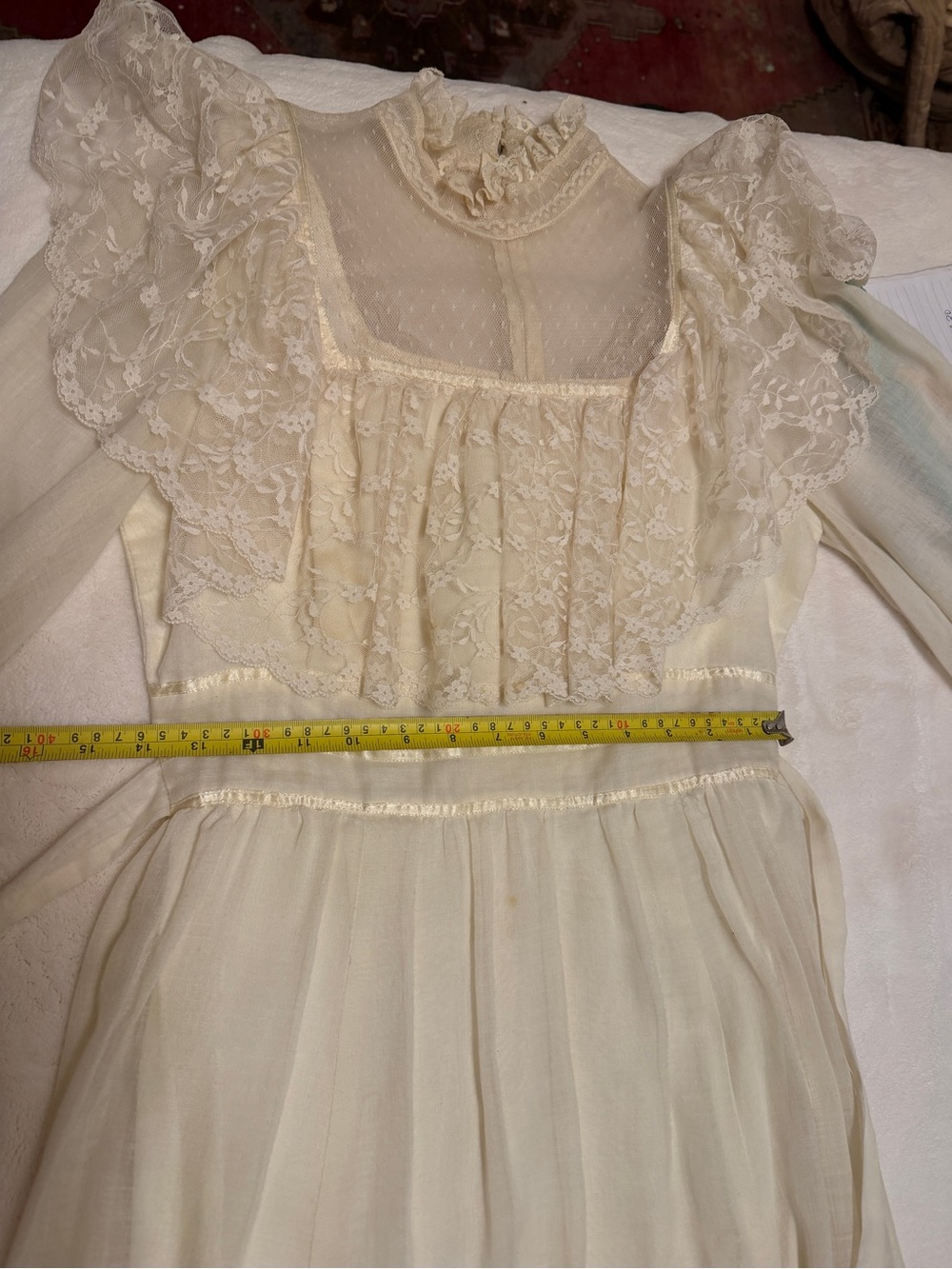 Vintage Cottagecore Lace Yoke Ivory prairie Dress with Ruffled Shoulders - Picture 9 of 11